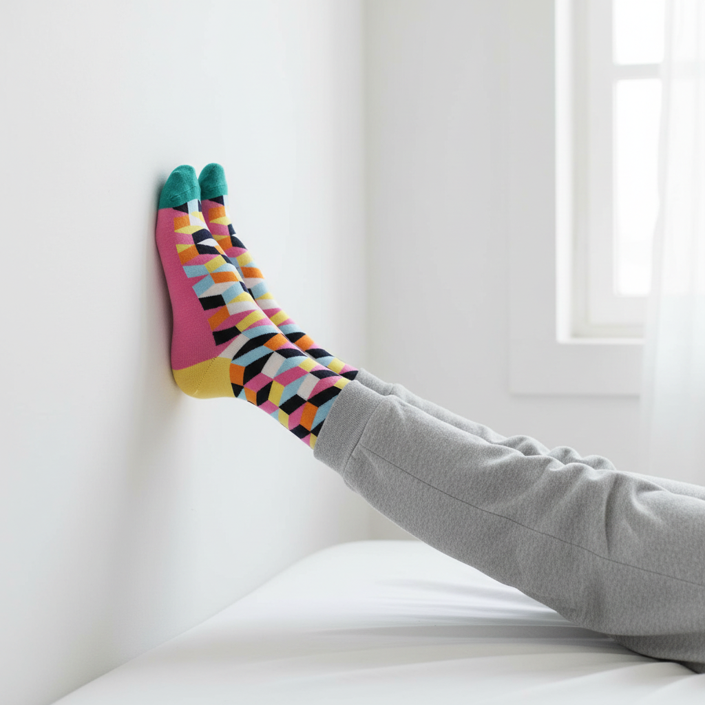 Calcetines KIUO Cuadros Rosado - diseño 3D rosado en cama minimalista