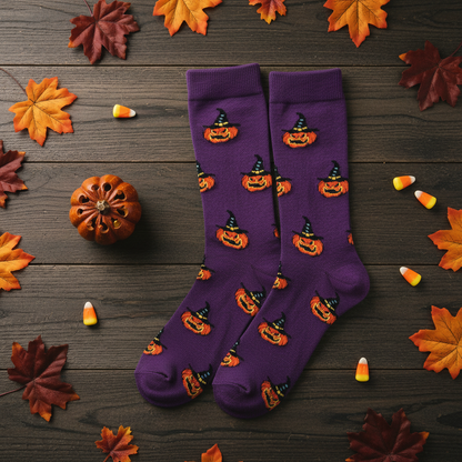 Calcetines Halloween Calabazas - Portada flat lay madera hojas otoño caña alta