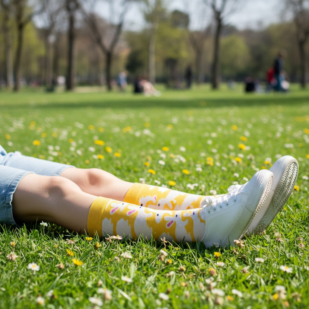 Calcetines KIUO Conejos - diseño de conejos en pasto de parque primaveral chileno