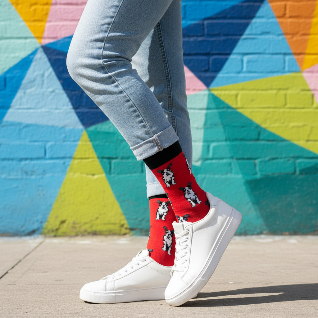 Calcetines French Bulldog - Plano general muro rojo Barrio Italia femenina caña alta