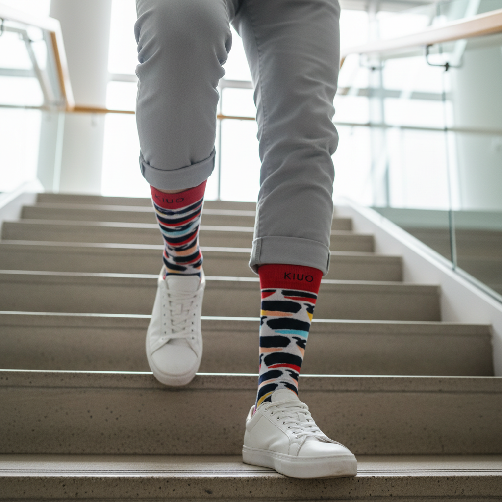 Calcetines KIUO Ballenas de Colores - subiendo escaleras edificio Santiago