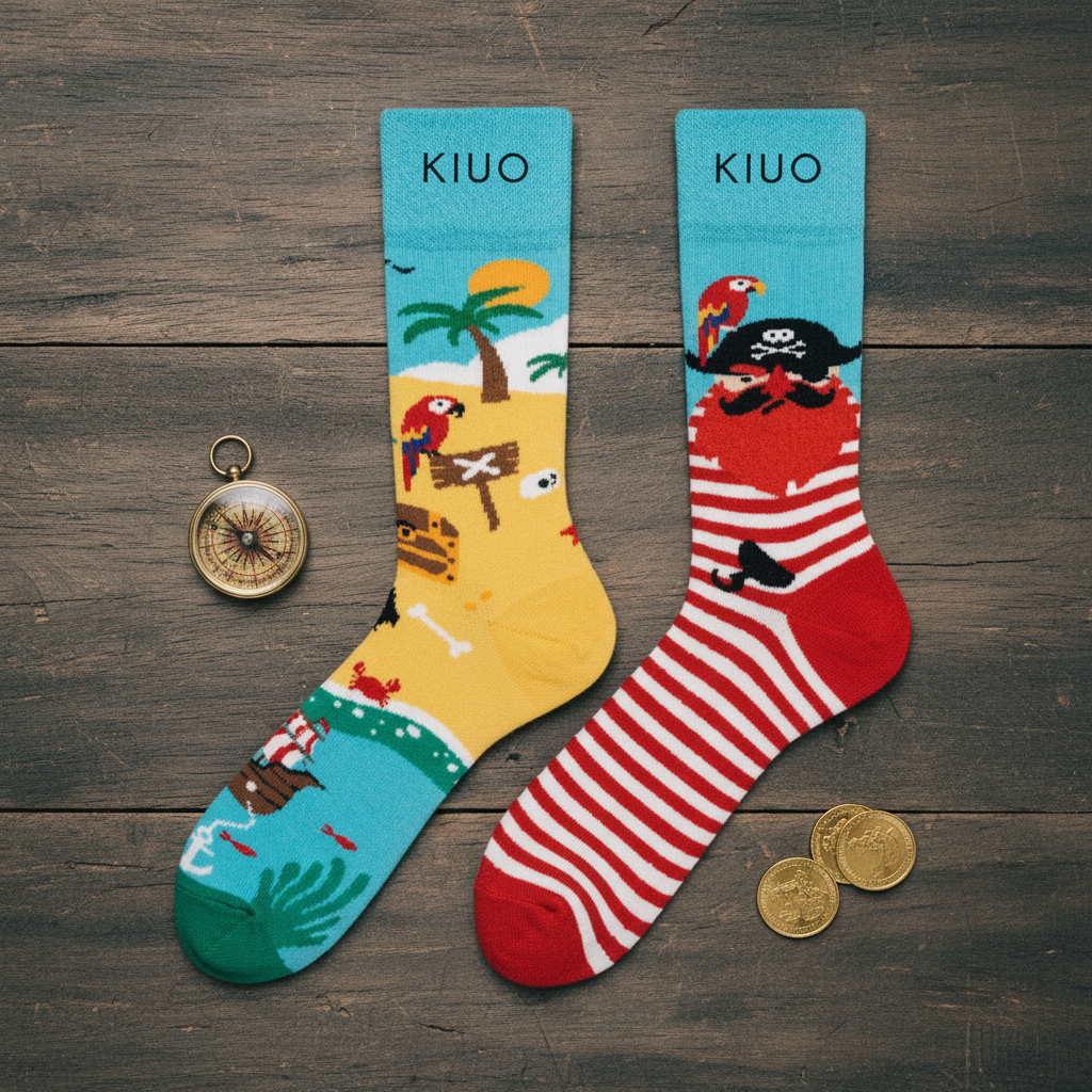 Calcetines Pirata y Loro flat lay par dispares sobre madera