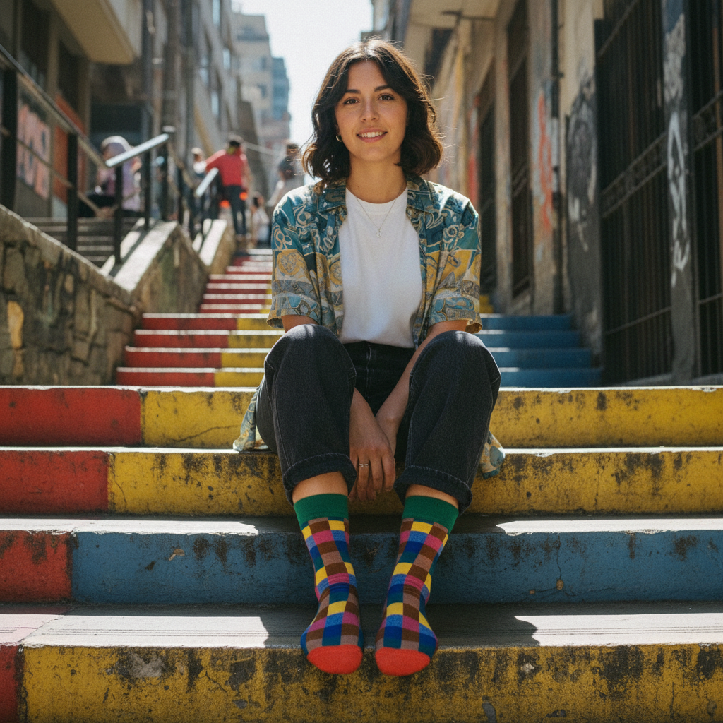 Calcetines con Cuadros de Colores lifestyle mujer escaleras