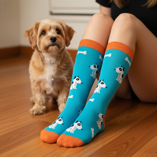 Calcetines Perros y Huesitos - Casa close-up con perro caña alta
