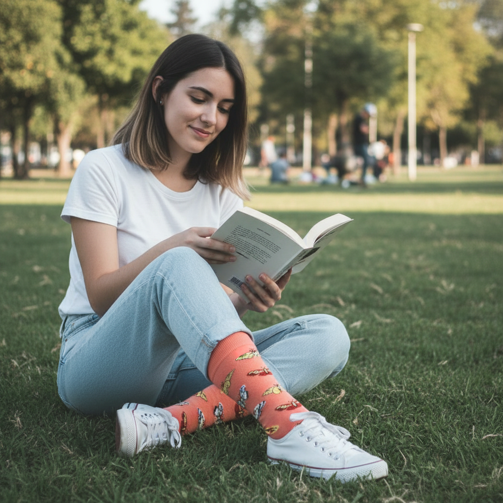 Calcetines Mariposas - Parque leyendo mujer 20s caña alta