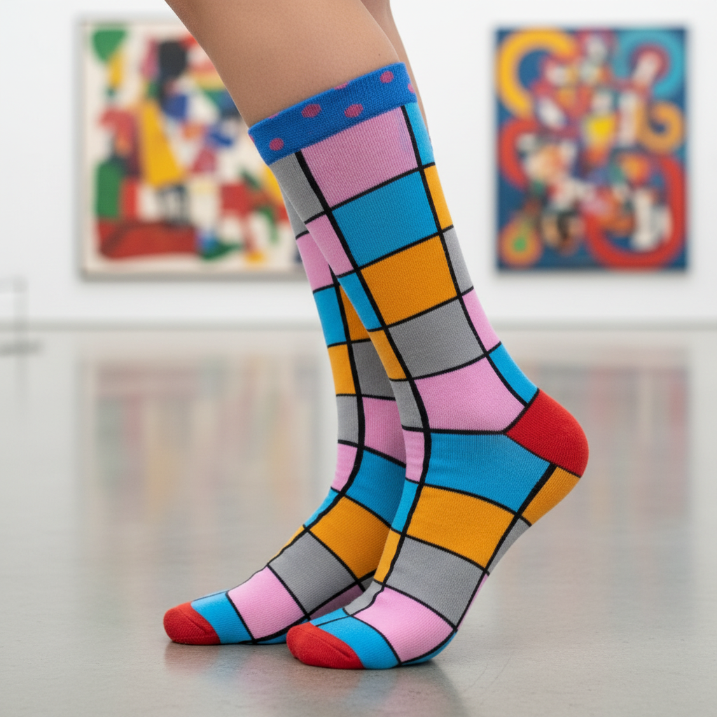 Calcetines Cuadros Arte Rosado - Macro galería arte femenina caña alta
