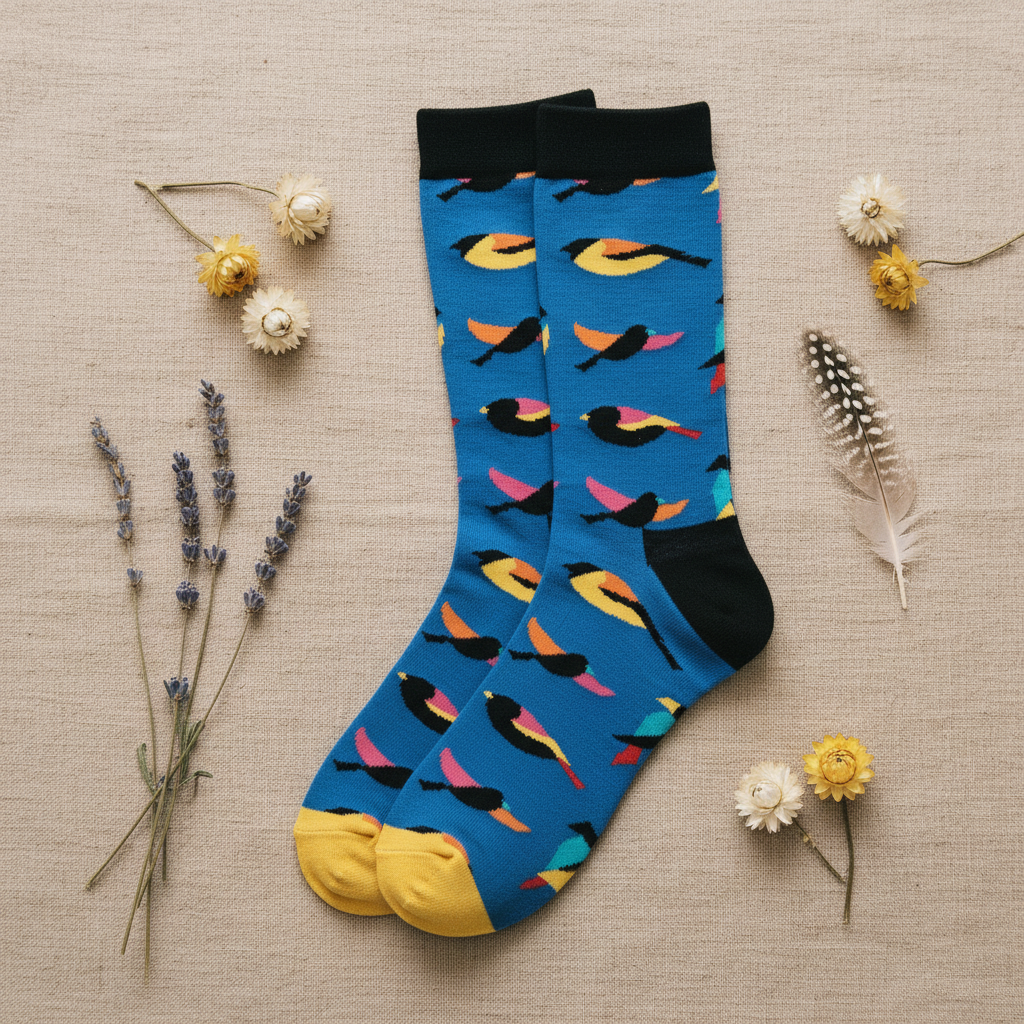 Calcetines Golondrinas flat lay par sobre lino