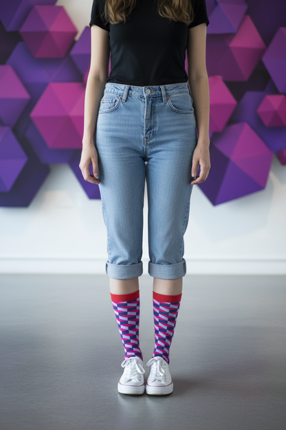 Calcetines Cuadros 3D Morado - Plano general galería arte moderno