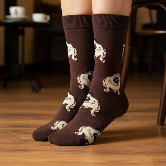 Calcetines Pug Café - Macro piso madera café femenina caña alta