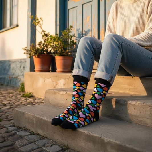 Calcetines KIUO Corazones de Color - diseño de corazones de colores en escalera de casa chilena