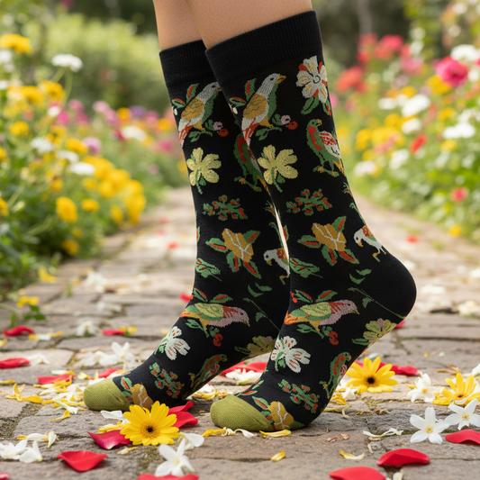 Calcetines Flores y Pájaros - Macro pétalos suelo caña alta talón negro visible