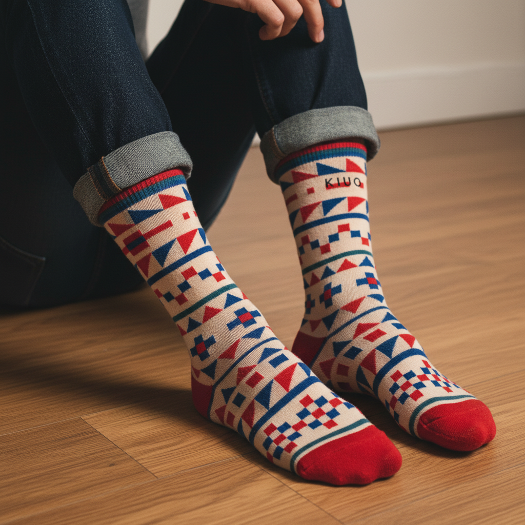 Calcetines KIUO Cuadros y Triángulos - close up hombre en piso de madera con patrón geométrico crema y rojo