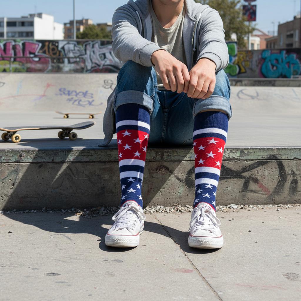 Calcetines KIUO America - diseño en rampa skate urbana, caña alta hasta la rodilla