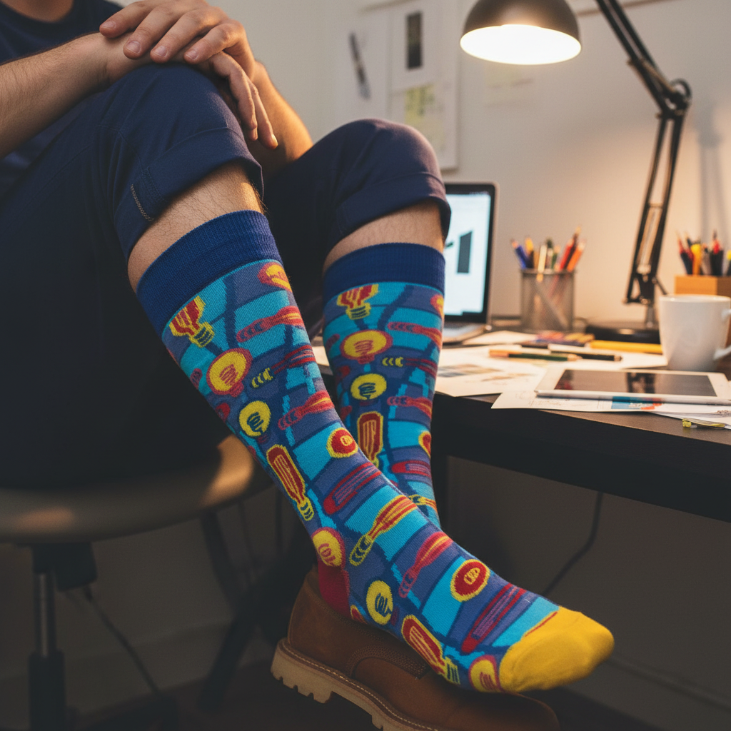 Calcetines KIUO Ampolletas - close up hombre en workspace creativo, caña alta hasta la rodilla