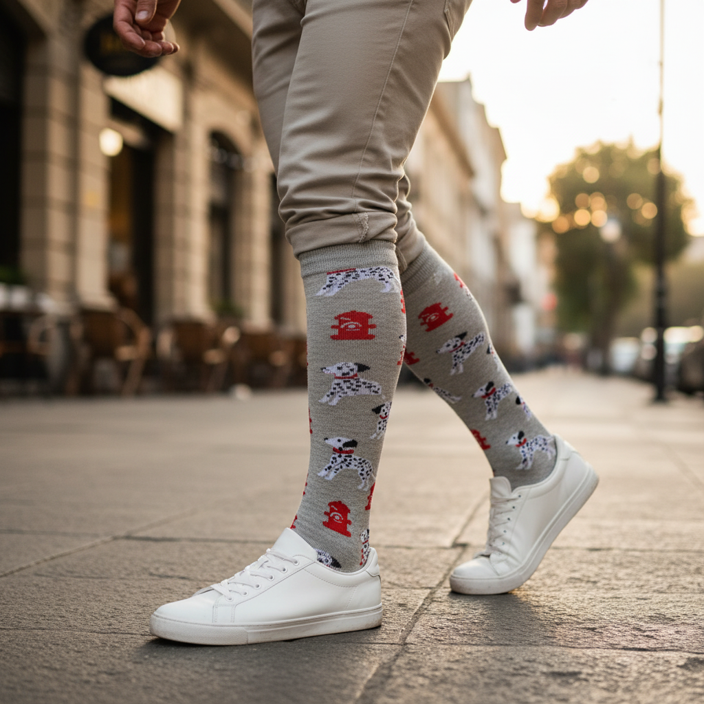 Calcetines KIUO Dalmatas - ambas piernas caminando Barrio Italia Santiago