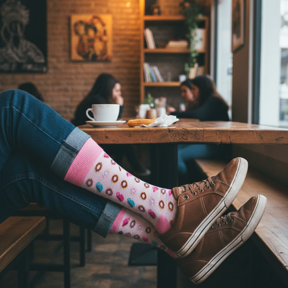 Calcetines KIUO Cafecito - diseño de tazas y donuts en mesa de cafetería chilena