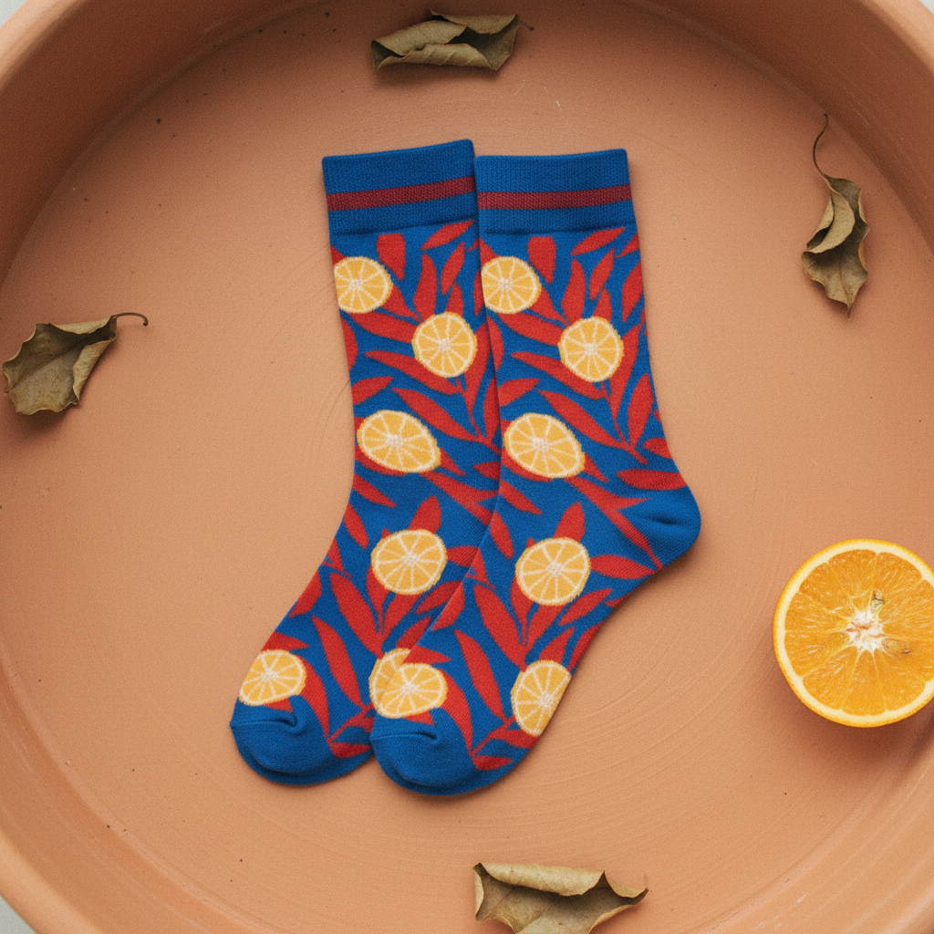 Calcetines Rodajas flat lay par sobre terracota