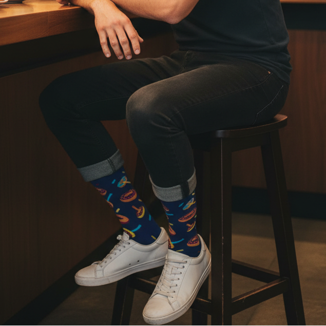 Calcetines KIUO Donuts - escena donut shop modelo completo Santiago