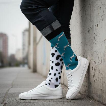 Calcetines KIUO Dalmata Print - ambas piernas apoyado en muro Santiago