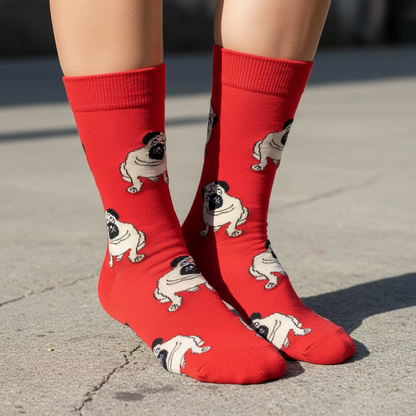 Calcetines Pug Rojos - Macro piso madera femenina caña alta