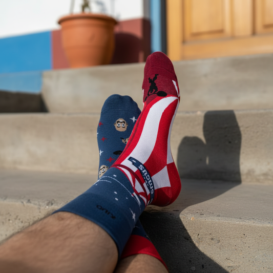 Calcetines KIUO Circo - close up del patrón de circo en escalera de casa chilena