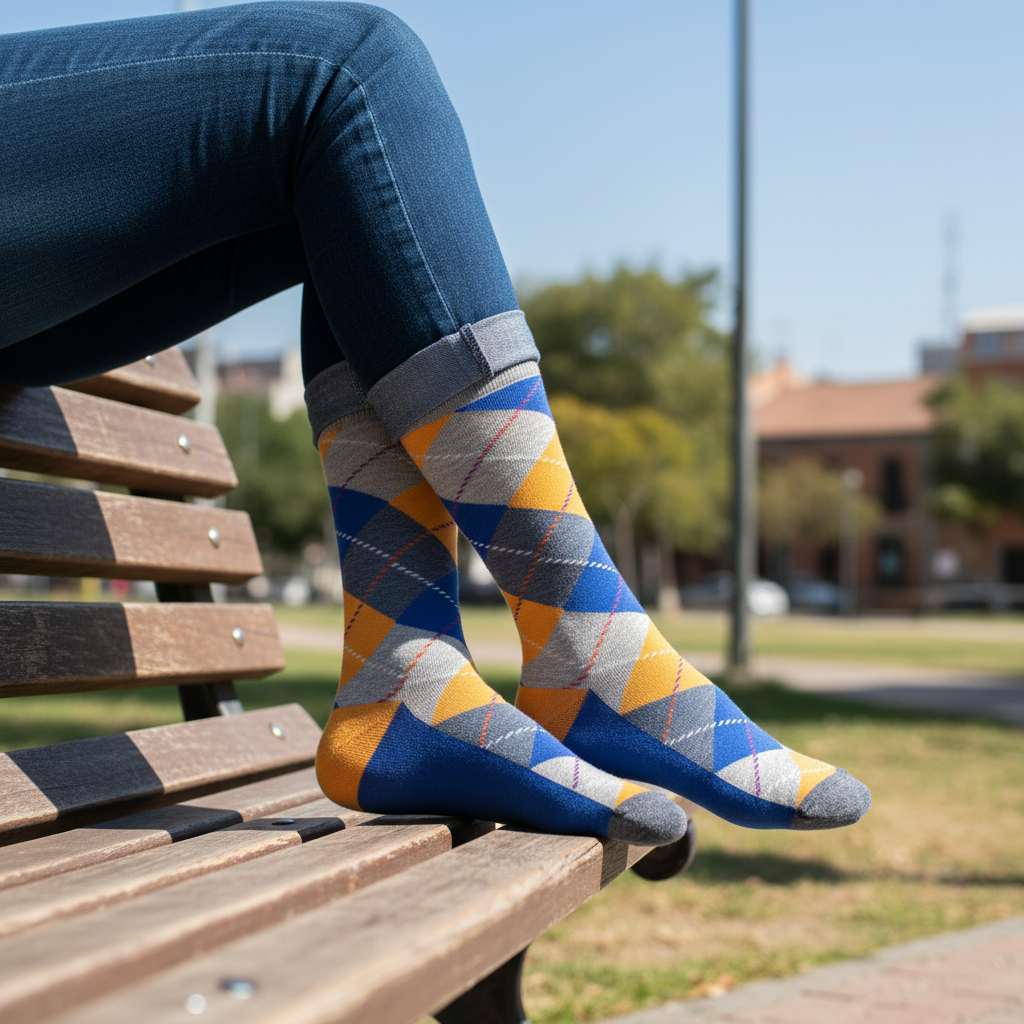 Calcetines Escoces Azul - Close-up femenino banco parque caña alta