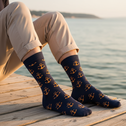 Calcetines KIUO Anclas - close up hombre en muelle de madera, caña alta natural