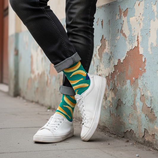 Calcetines KIUO Banana Verde - apoyado en muro de concreto Santiago