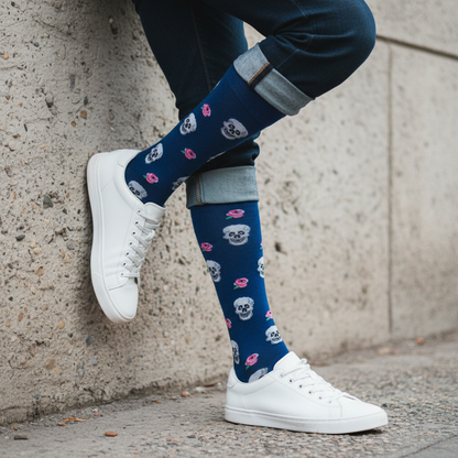 Calcetines KIUO Calaveras y Rosas - apoyado en muro concreto Santiago