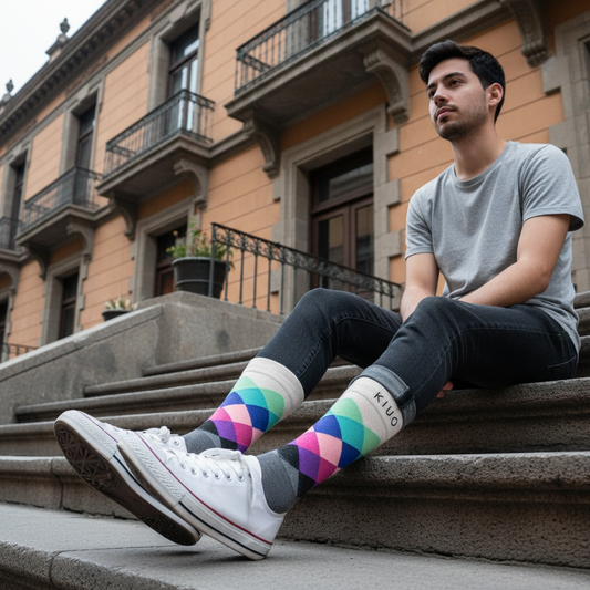Calcetines KIUO Cuadros Gris - diseño de cuadros grises en escalera de edificio chileno