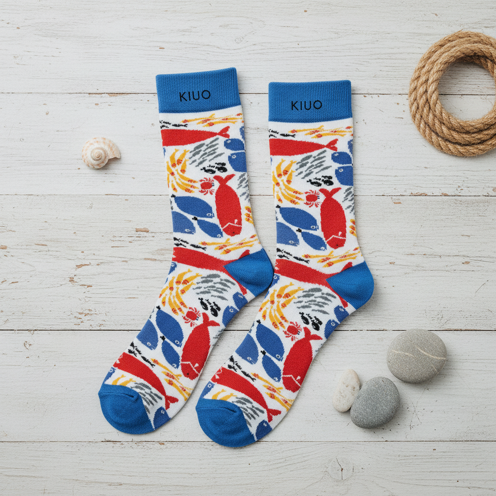 Calcetines Peces flat lay par sobre madera costera