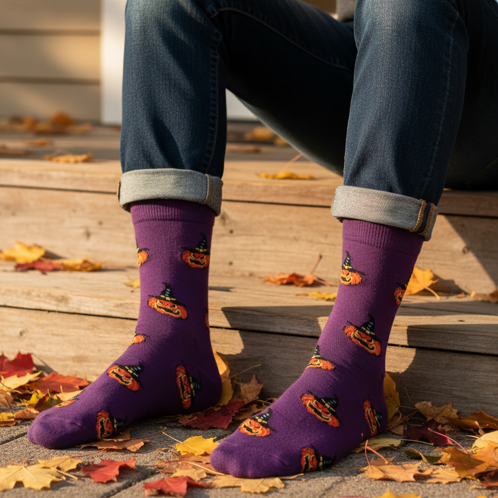 Calcetines Halloween Calabazas - Close-up masculino porche otoño caña alta